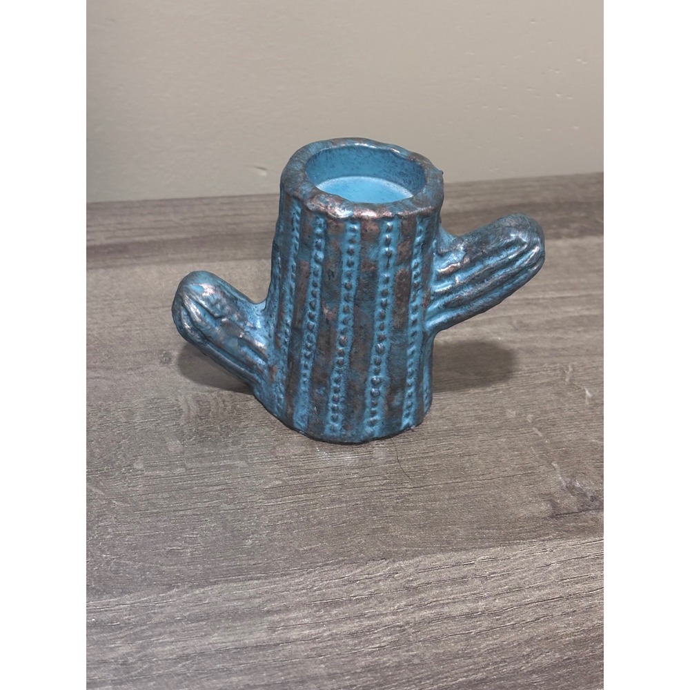 Rustic Blue Bronze Saguaro Cactus Candle Holder Southwestern Desert Decor 4in